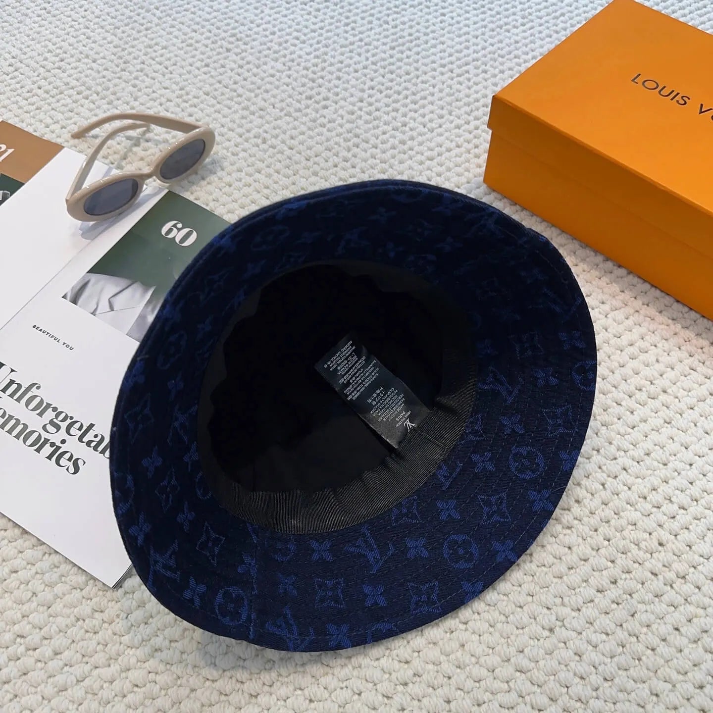 Dark Blue Jacquard Metal-Emblem Bucket Hat