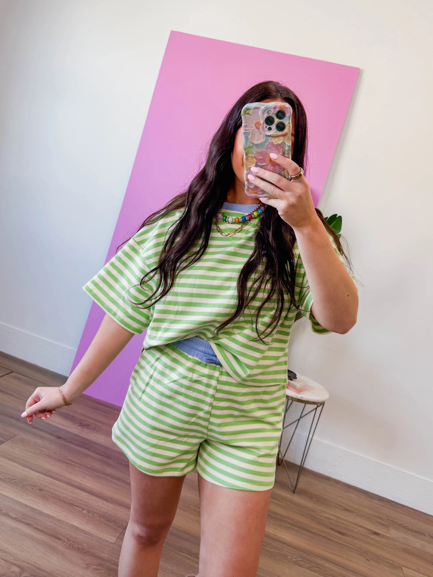 Off-Duty Striped Shorts-Honeydew/Periwinkle