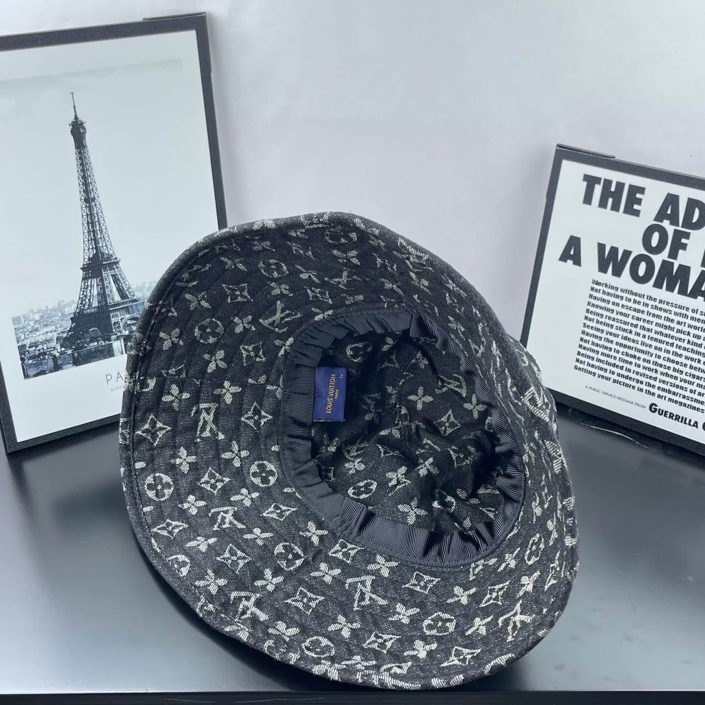 Black-Grey Jacquard Wide-Brim Bucket Hat