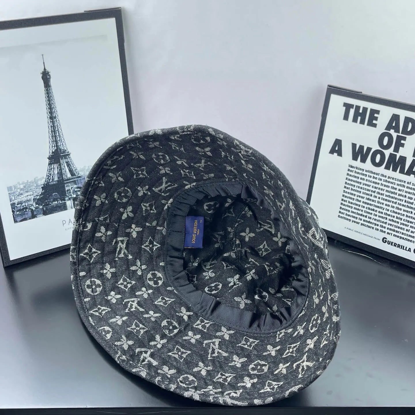 Black-Grey Jacquard Wide-Brim Bucket Hat