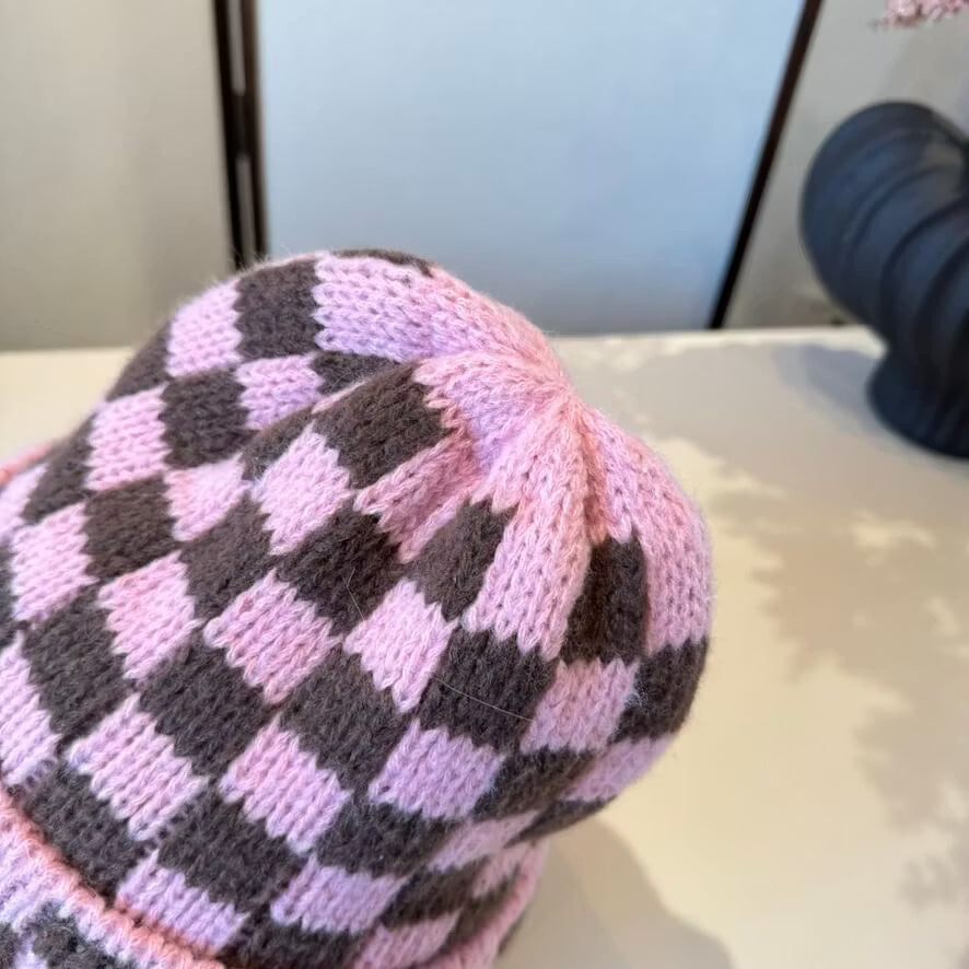 Checkerboard Embroidered Knit Beanie