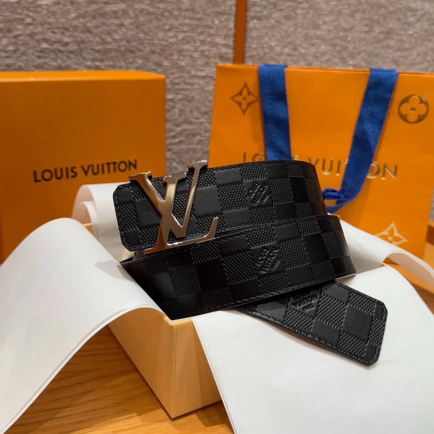 Plaid Grain Calfskin Leather Belt