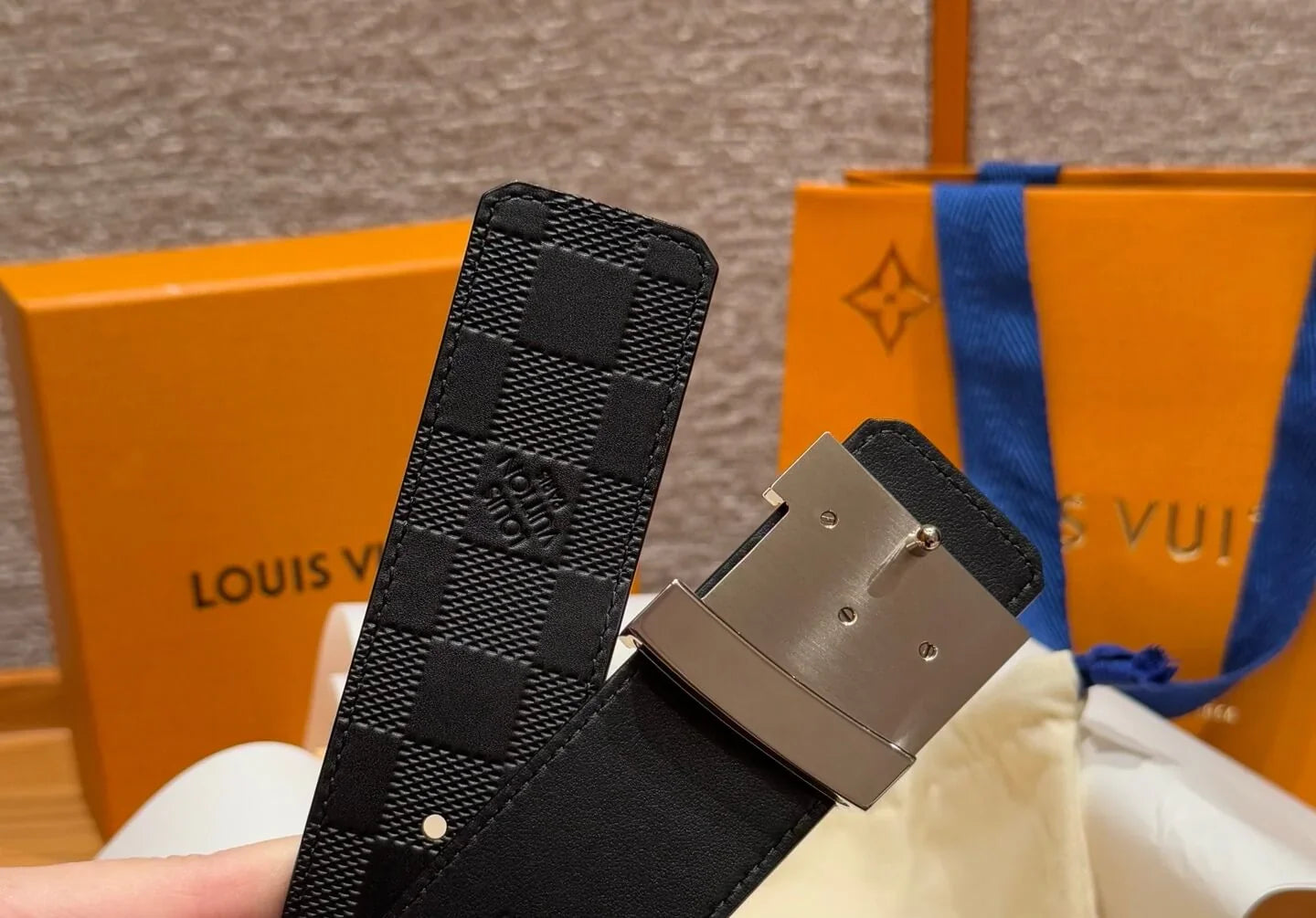 Plaid Grain Calfskin Leather Belt