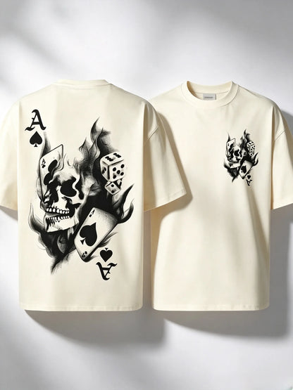 Men's Casual Classic Skull Playing Card Graphic Print Round Neck Short Sleeve T-Shirt, Summer Outdoor Sports Fitted Streetwear, Menswear Tops