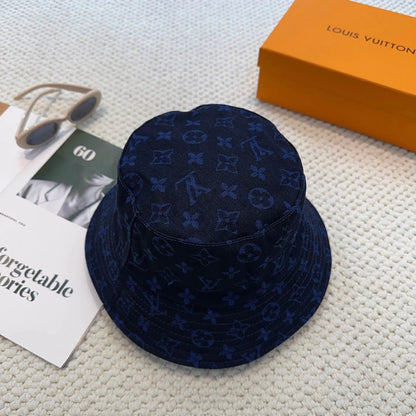 Dark Blue Jacquard Metal-Emblem Bucket Hat
