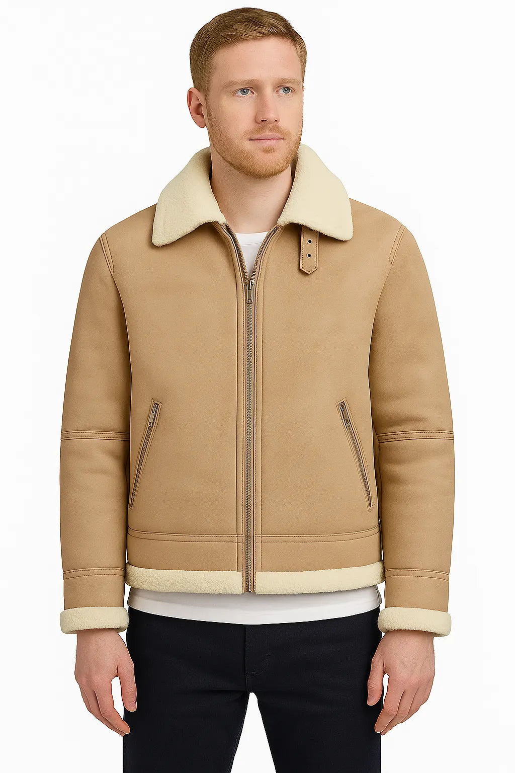 Men's Beige Shearling Leather Jacket – Premium Aviator Sheepskin Winter Coat