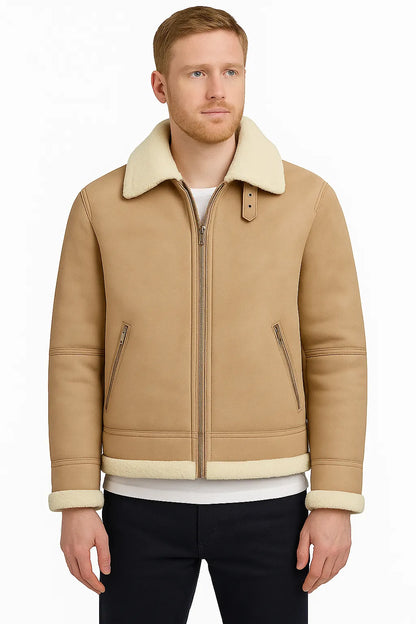 Men's Beige Shearling Leather Jacket – Premium Aviator Sheepskin Winter Coat