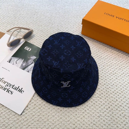 Dark Blue Jacquard Metal-Emblem Bucket Hat