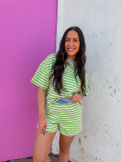 Off-Duty Striped Shorts-Honeydew/Periwinkle