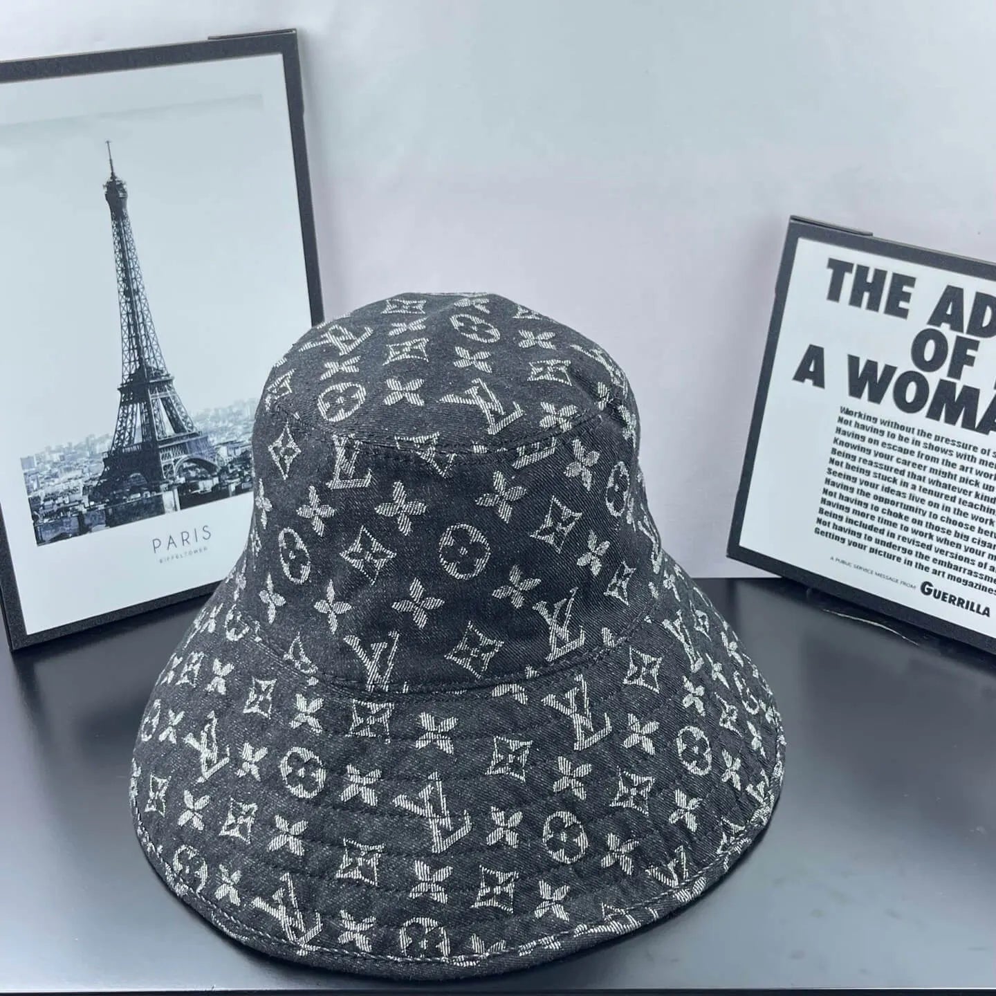Black-Grey Jacquard Wide-Brim Bucket Hat