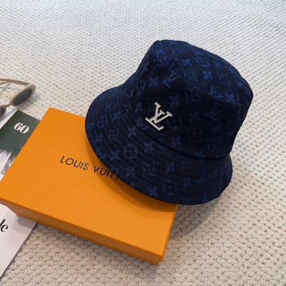 Dark Blue Jacquard Metal-Emblem Bucket Hat