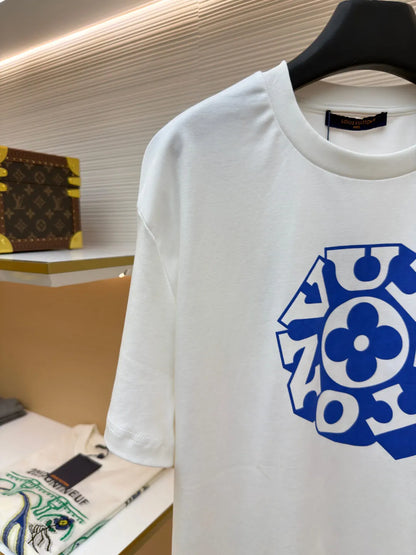 Blue Geometric Floral Dual‑Sided Print T-Shirt
