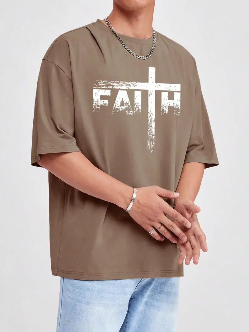 Men’s Faith Cross Graphic T-Shirt, Casual Christian Print Short Sleeve Tee