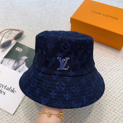 Dark Blue Jacquard Metal-Emblem Bucket Hat