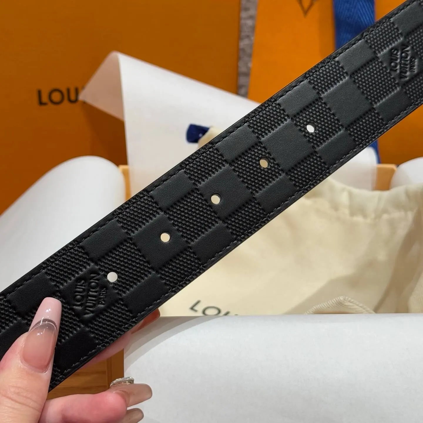 Plaid Grain Calfskin Leather Belt