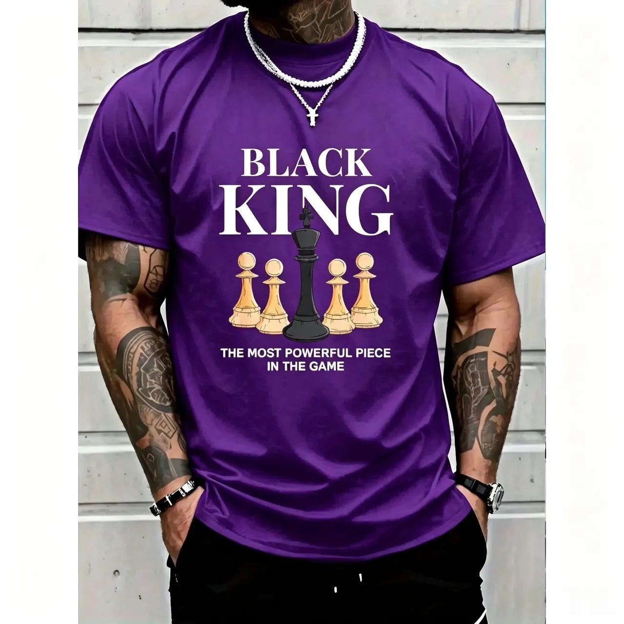 Men's Graphic T-Shirt with 'The Most Powerful Piece' Chess King Print, Breathable 100% Cotton Relaxed Fit Short Sleeve Tee