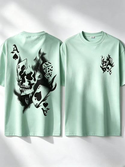 Men's Casual Classic Skull Playing Card Graphic Print Round Neck Short Sleeve T-Shirt, Summer Outdoor Sports Fitted Streetwear, Menswear Tops