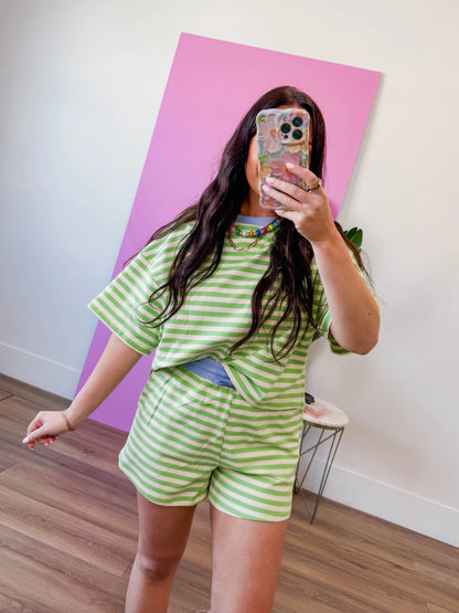 Off-Duty Striped Shorts-Honeydew/Periwinkle