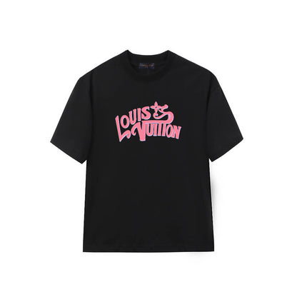 Retro Pink Cursive Letter Print T-Shirt