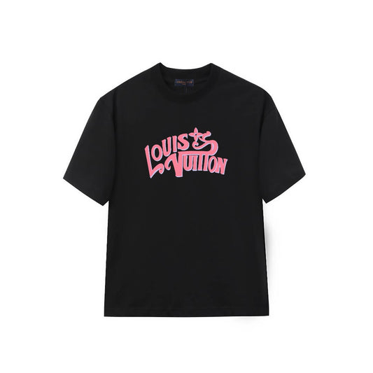 Retro Pink Cursive Letter Print T-Shirt