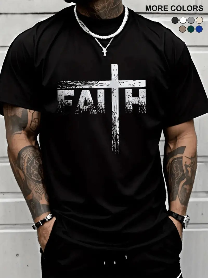 Men’s Faith Cross Graphic T-Shirt, Casual Christian Print Short Sleeve Tee