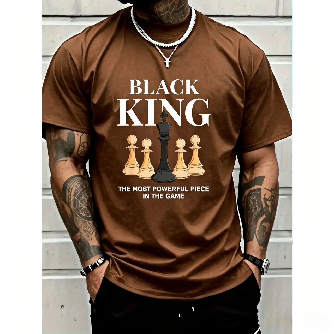 Men's Graphic T-Shirt with 'The Most Powerful Piece' Chess King Print, Breathable 100% Cotton Relaxed Fit Short Sleeve Tee
