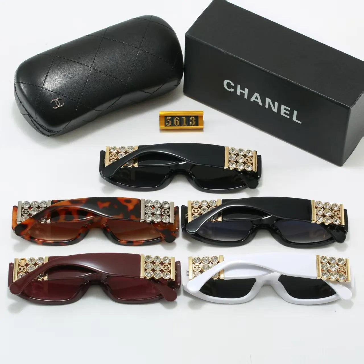 Wide Temple Diamond-Accent Rectangle Sunglasses
