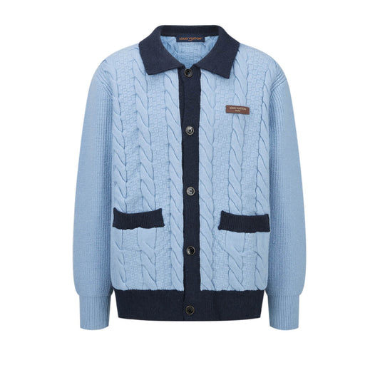 Cable-Knit Leather Patch Cardigan Jacket