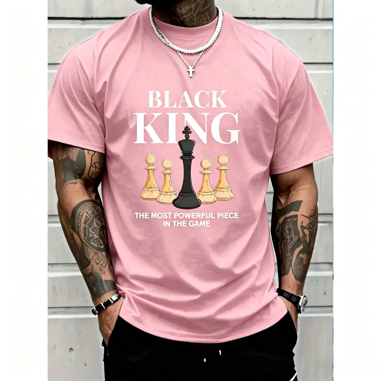 Men's Graphic T-Shirt with 'The Most Powerful Piece' Chess King Print, Breathable 100% Cotton Relaxed Fit Short Sleeve Tee