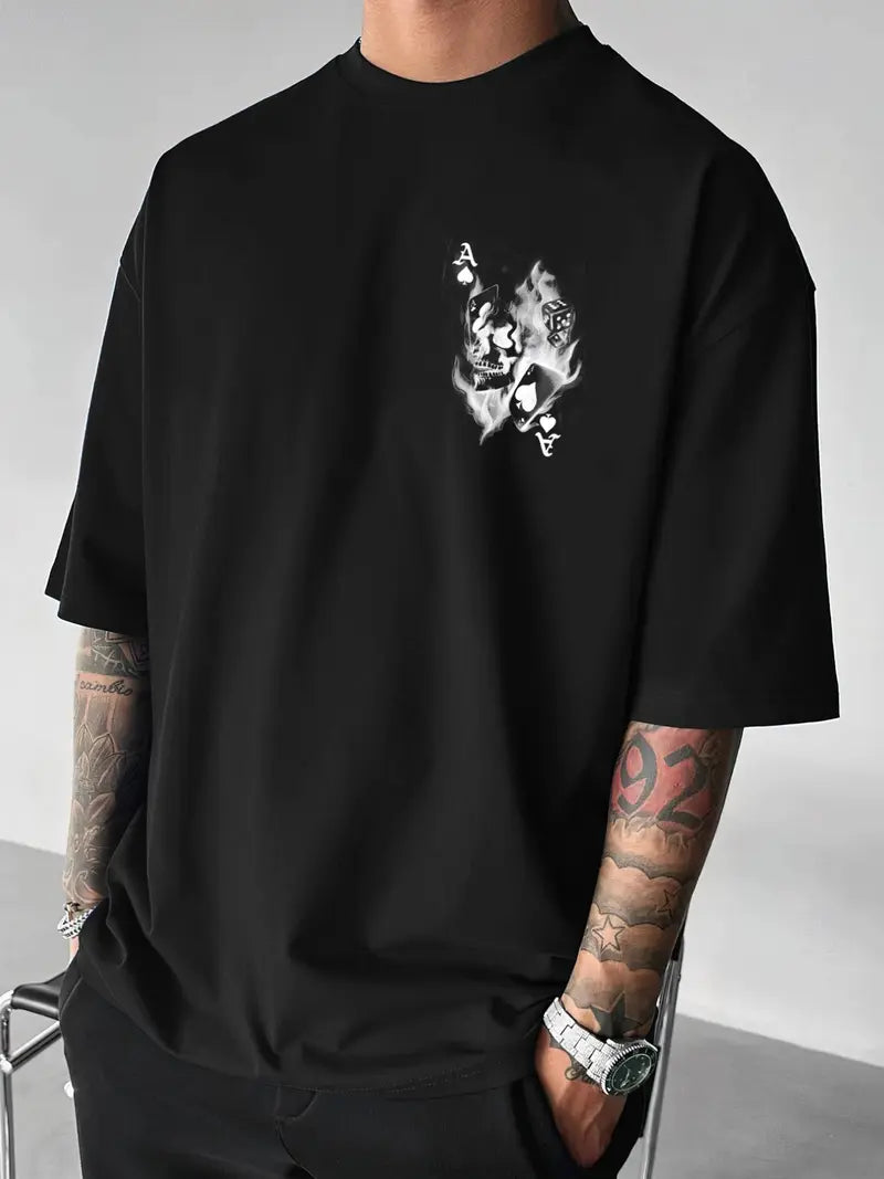 Men's Casual Classic Skull Playing Card Graphic Print Round Neck Short Sleeve T-Shirt, Summer Outdoor Sports Fitted Streetwear, Menswear Tops
