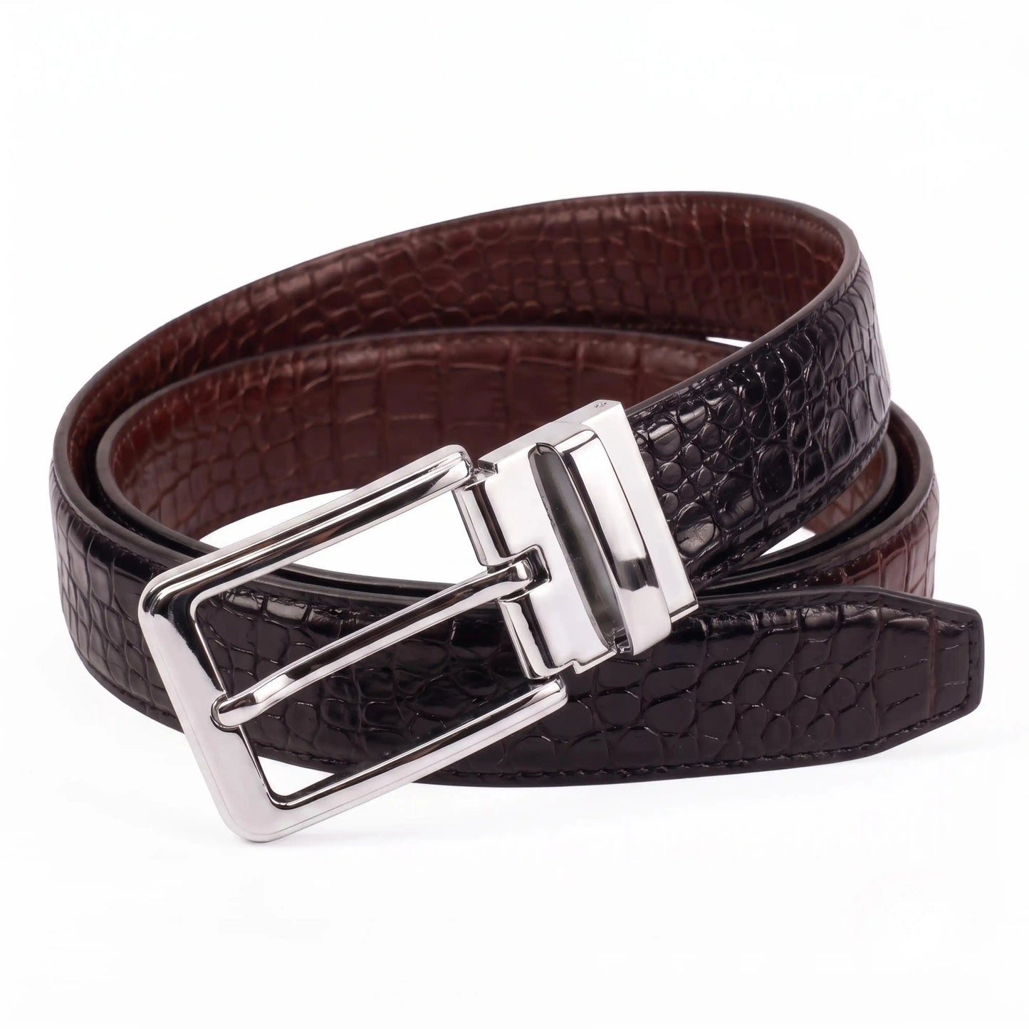Reversible Men's Leather Belt – Black & Brown Croc | 2-in-1 Rotating Buckle