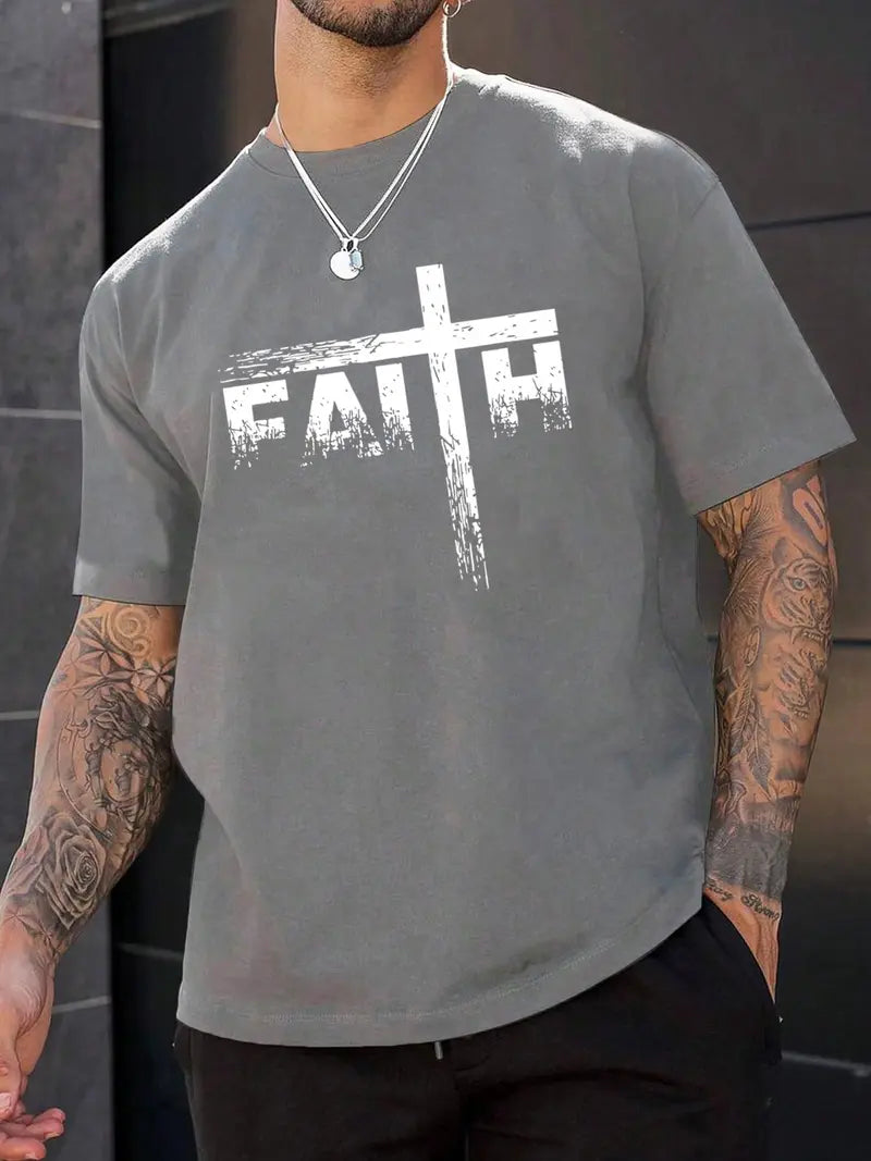 Men’s Faith Cross Graphic T-Shirt, Casual Christian Print Short Sleeve Tee