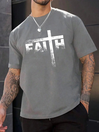 Men’s Faith Cross Graphic T-Shirt, Casual Christian Print Short Sleeve Tee