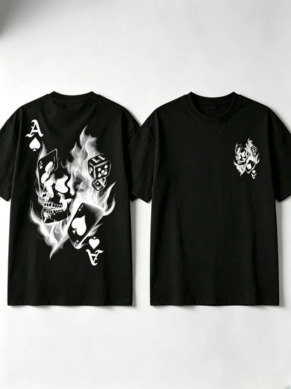 Men's Casual Classic Skull Playing Card Graphic Print Round Neck Short Sleeve T-Shirt, Summer Outdoor Sports Fitted Streetwear, Menswear Tops