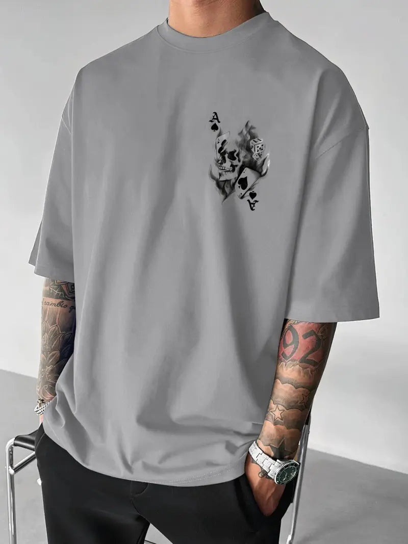 Men's Casual Classic Skull Playing Card Graphic Print Round Neck Short Sleeve T-Shirt, Summer Outdoor Sports Fitted Streetwear, Menswear Tops