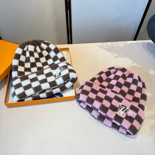 Checkerboard Embroidered Knit Beanie