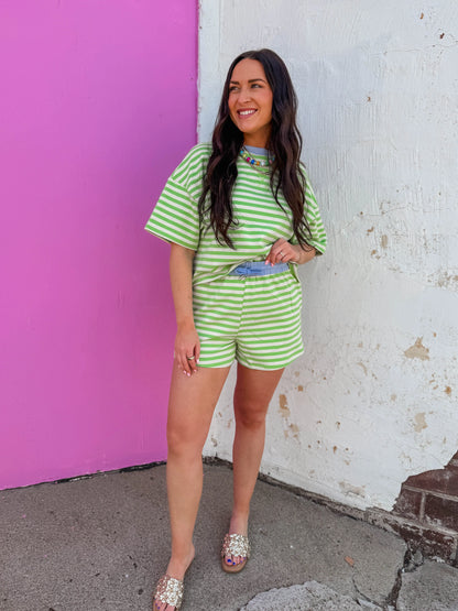 Off-Duty Striped Shorts-Honeydew/Periwinkle