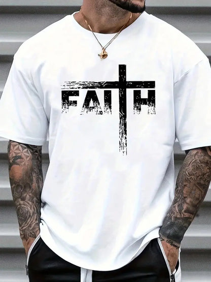 Men’s Faith Cross Graphic T-Shirt, Casual Christian Print Short Sleeve Tee