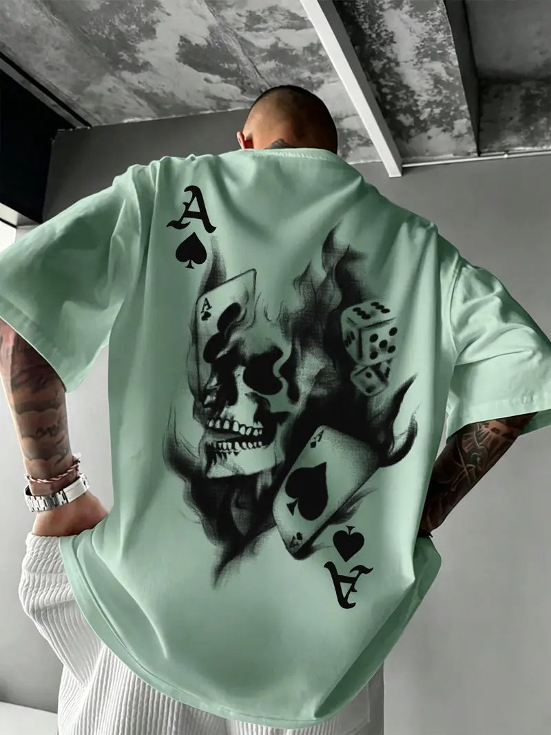 Men's Casual Classic Skull Playing Card Graphic Print Round Neck Short Sleeve T-Shirt, Summer Outdoor Sports Fitted Streetwear, Menswear Tops