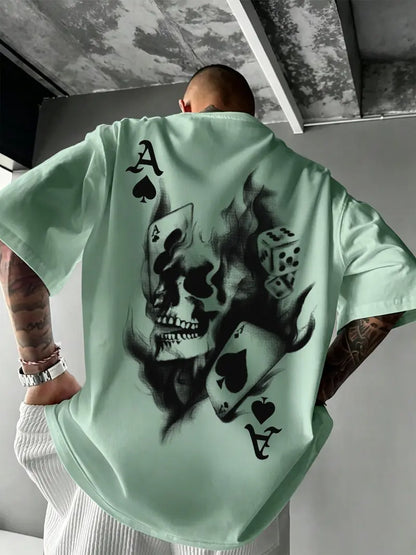 Men's Casual Classic Skull Playing Card Graphic Print Round Neck Short Sleeve T-Shirt, Summer Outdoor Sports Fitted Streetwear, Menswear Tops