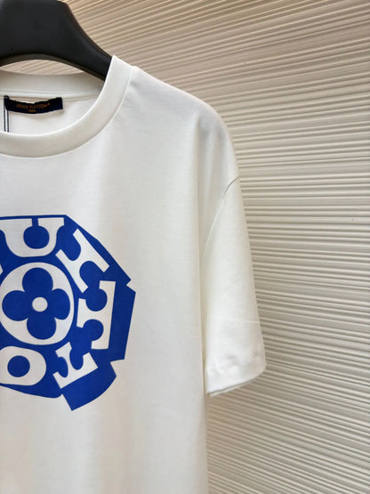Blue Geometric Floral Dual‑Sided Print T-Shirt