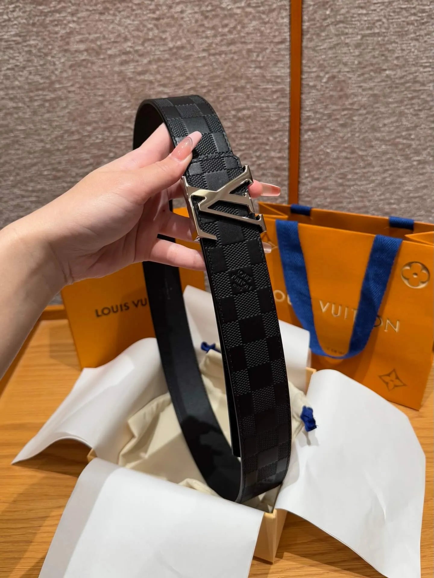 Plaid Grain Calfskin Leather Belt