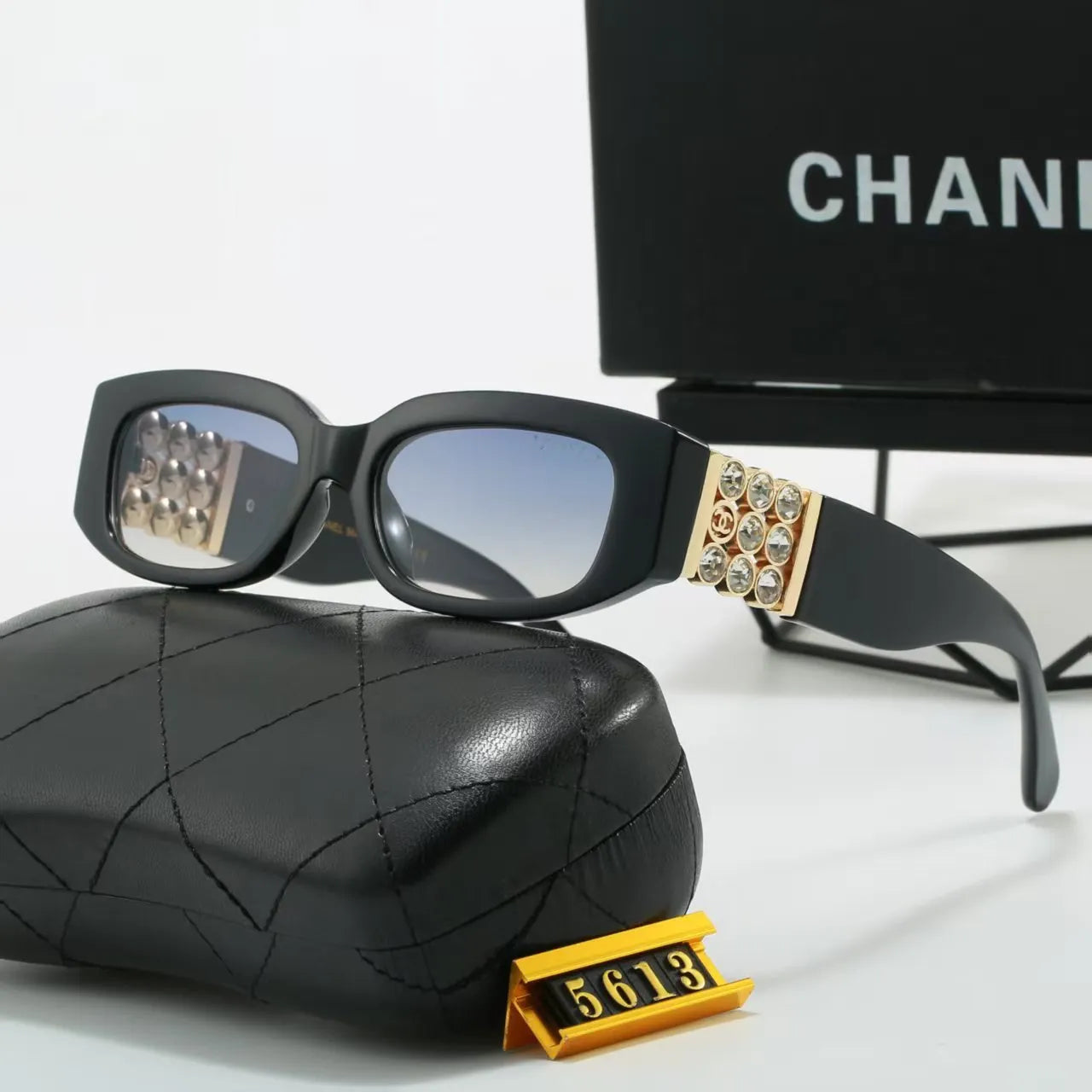 Wide Temple Diamond-Accent Rectangle Sunglasses