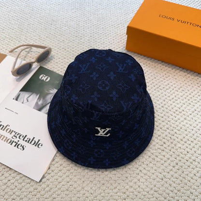 Dark Blue Jacquard Metal-Emblem Bucket Hat