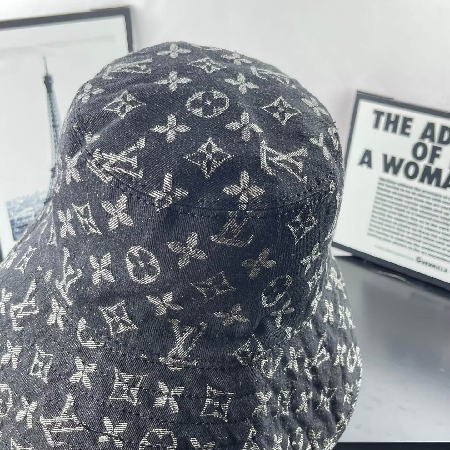 Black-Grey Jacquard Wide-Brim Bucket Hat