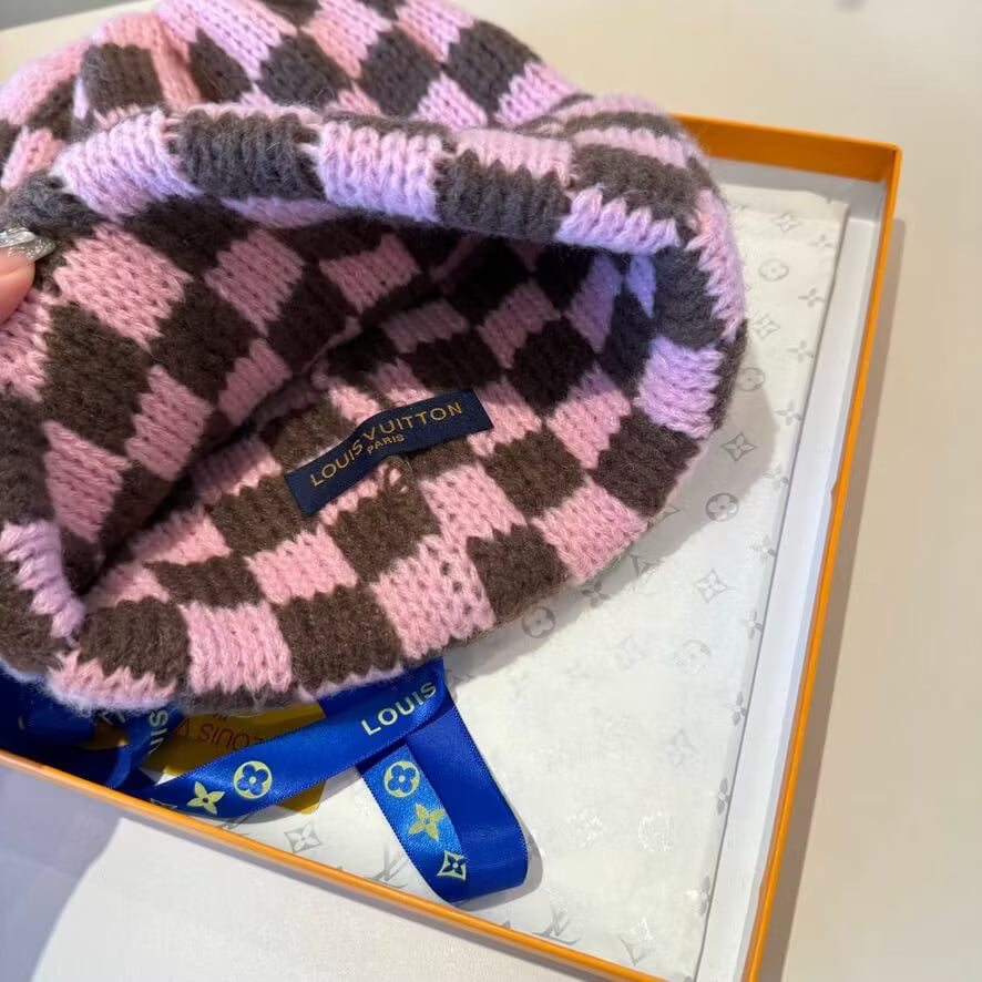 Checkerboard Embroidered Knit Beanie
