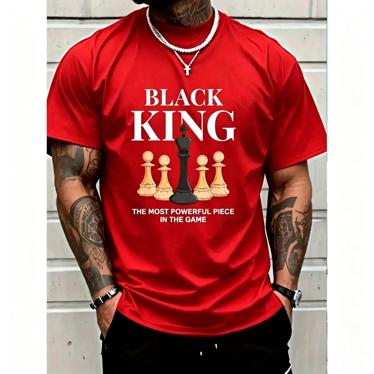 Men's Graphic T-Shirt with 'The Most Powerful Piece' Chess King Print, Breathable 100% Cotton Relaxed Fit Short Sleeve Tee