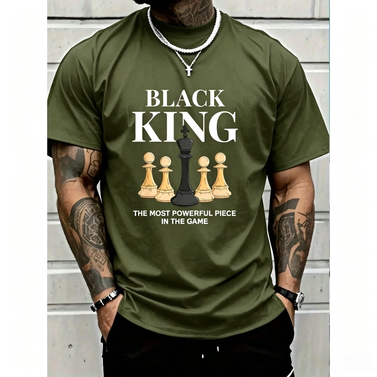 Men's Graphic T-Shirt with 'The Most Powerful Piece' Chess King Print, Breathable 100% Cotton Relaxed Fit Short Sleeve Tee