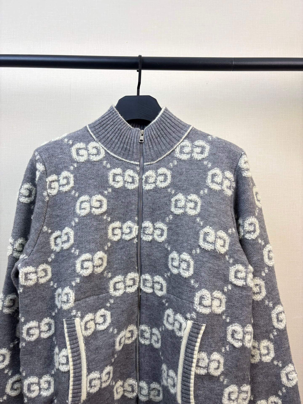 Towel-Embroidered Wool Knit Jacket