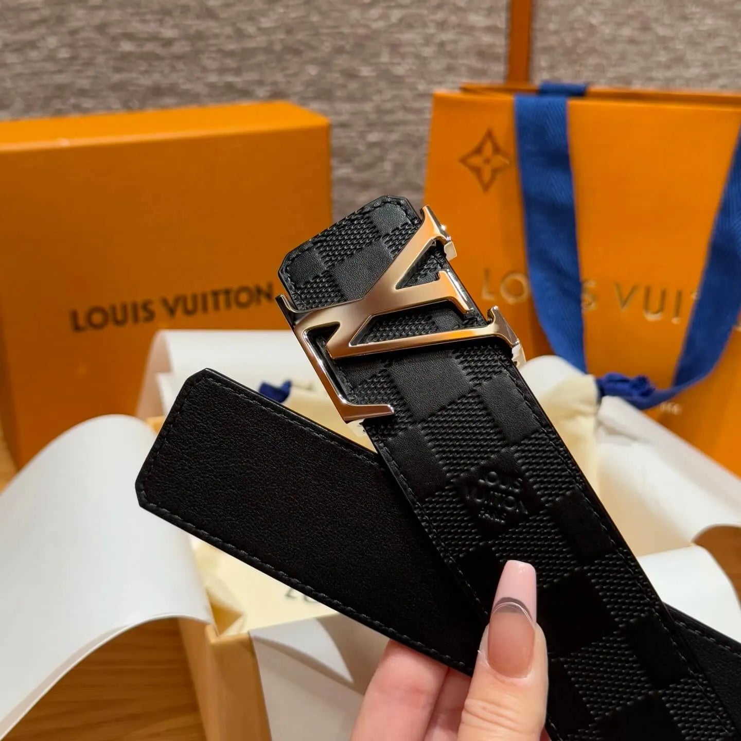 Plaid Grain Calfskin Leather Belt